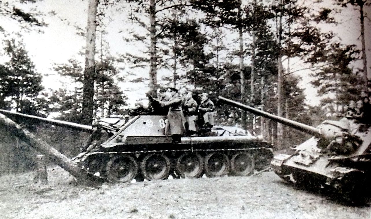 1944年10月，「苏德战争」期间，苏联波罗的海第3方面军1047反坦克炮兵团的SU-85反坦克炮车乘员正在树林的掩护下对前方进行观察。