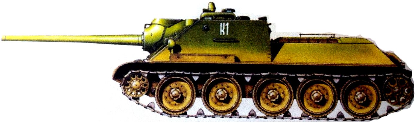 1944年秋天，「苏德战争」期间，东线作战的苏军一辆不明单位的SU-85反坦克炮车。