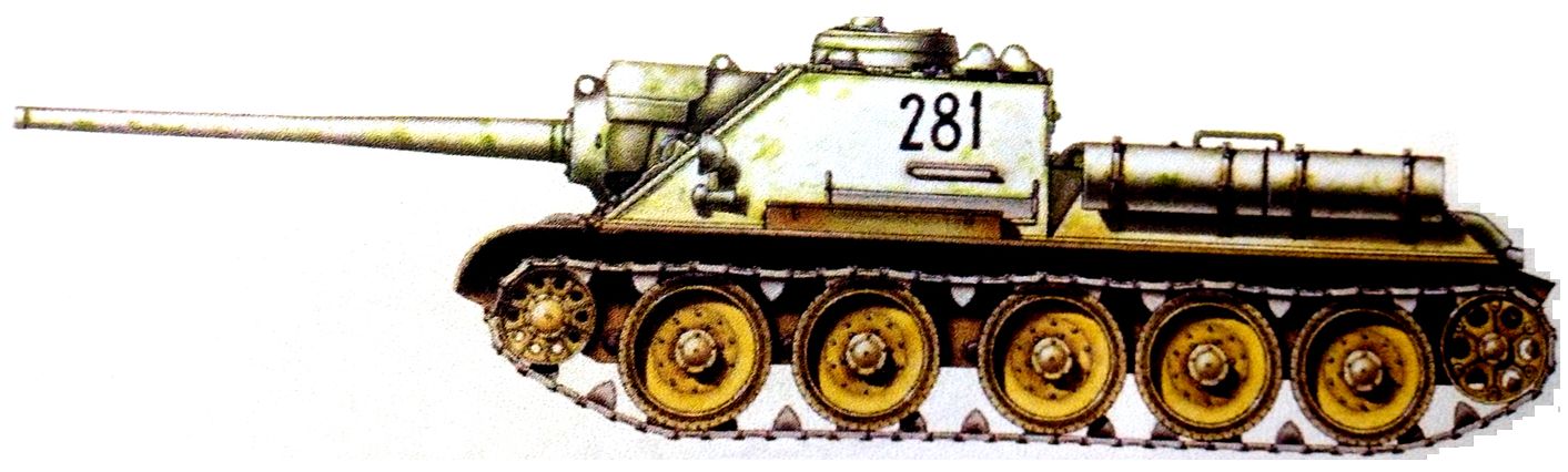 1945年1月，「苏德战争」期间，东线波兰地区作战的苏军一辆不明单位的SU-85反坦克炮车。该车已涂上冬季伪装色。