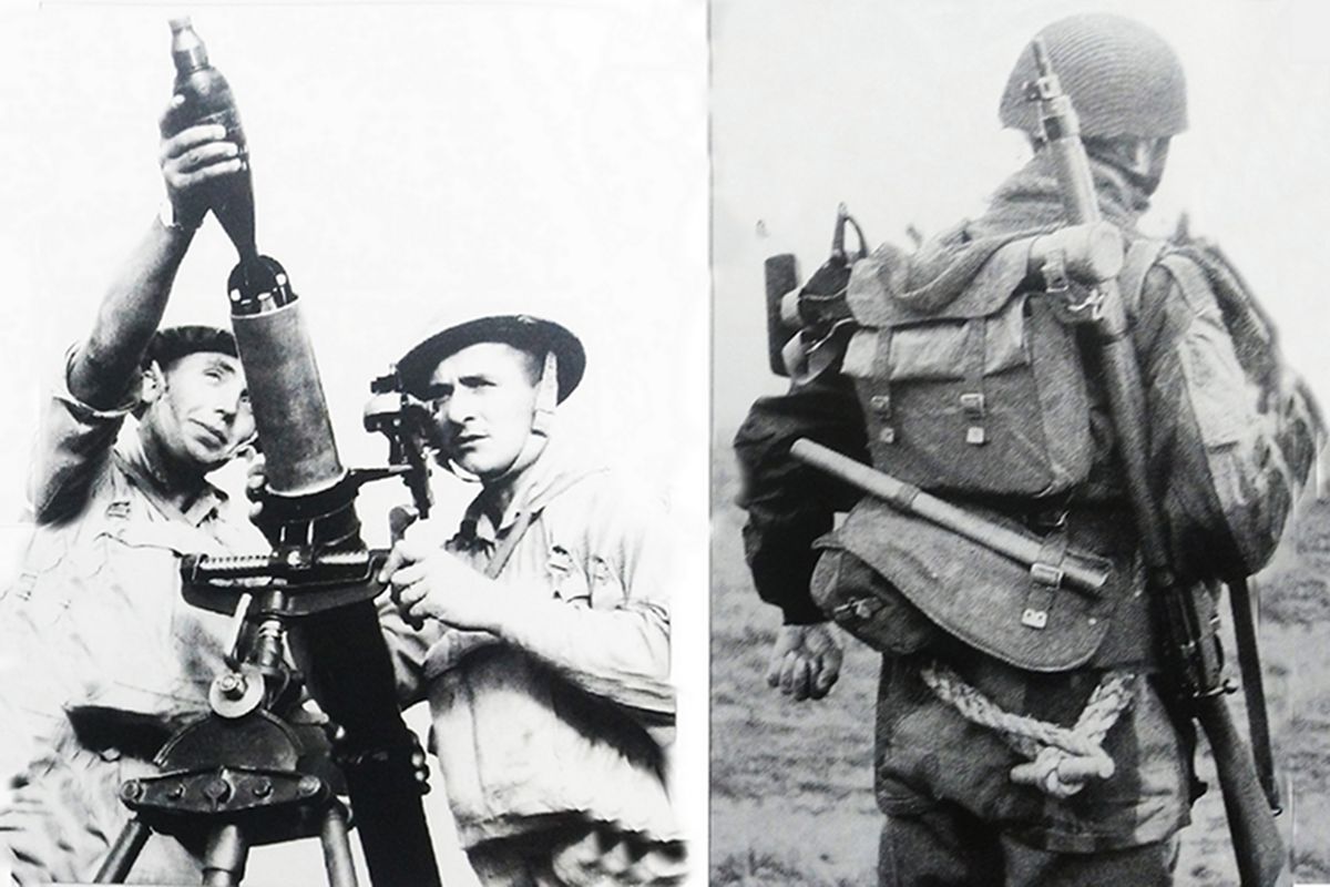 （图左）1941年10月，「托布鲁克战役」期间，北非战场，驻守托布鲁克要塞的波兰士兵正在进行3英寸迫击炮的射击训练。（图右）1942年12月，英军第1伞兵师的一名士兵，背包上方装有一门2英寸迫击炮。