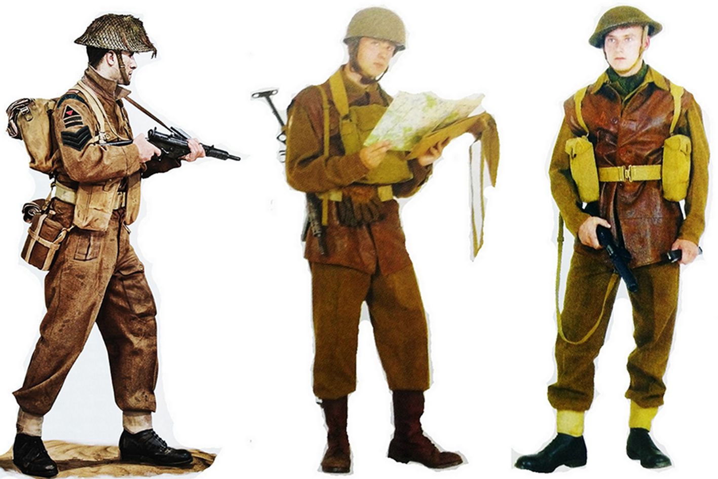 (图左)1944年,「诺曼底战役」期间,英军第3师第2旅皇家阿尔斯特来复枪团2营2连的一名中士手持「司登」MK2型冲锋枪。(图中)1944年,西线战场上的一名英军传令兵,肩背一支自卫用的「司登」MK2型冲锋枪。(图右)二战战场上,一名手持「司登」MK3型冲锋枪的摩托化步兵。