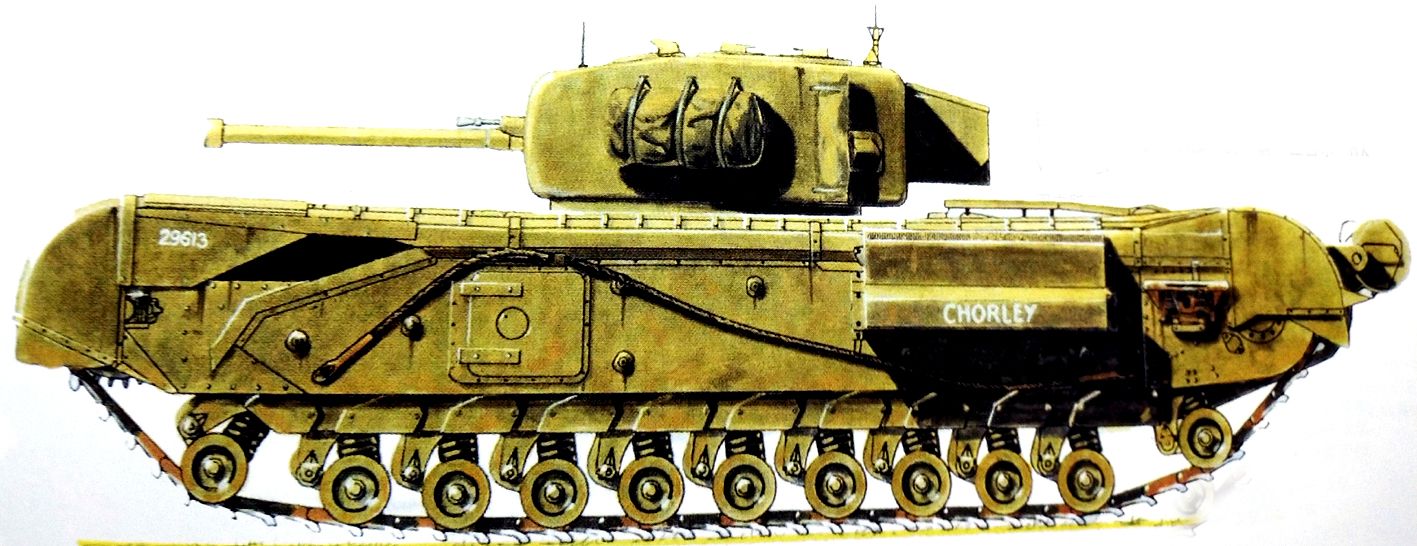 1944年7月,隶属英军第6护卫坦克旅第4手榴弹护卫队第3中队的一辆丘吉尔VII型步兵坦克。