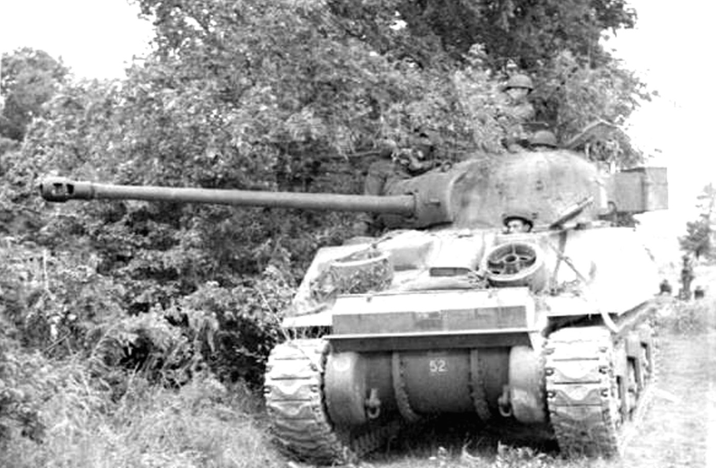 1944年6月,「诺曼底登陆」期间,法国诺曼底战场,英军斯塔福德郡义勇骑兵团的一辆「萤火虫」坦克正隐蔽在灌木林中,准备伏击德军坦克部队。