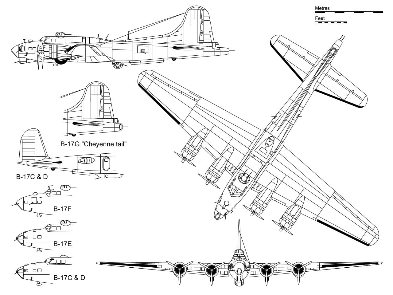 B-17G的三视线图,以及B-17各变体子型号的一些主要差异示意图。