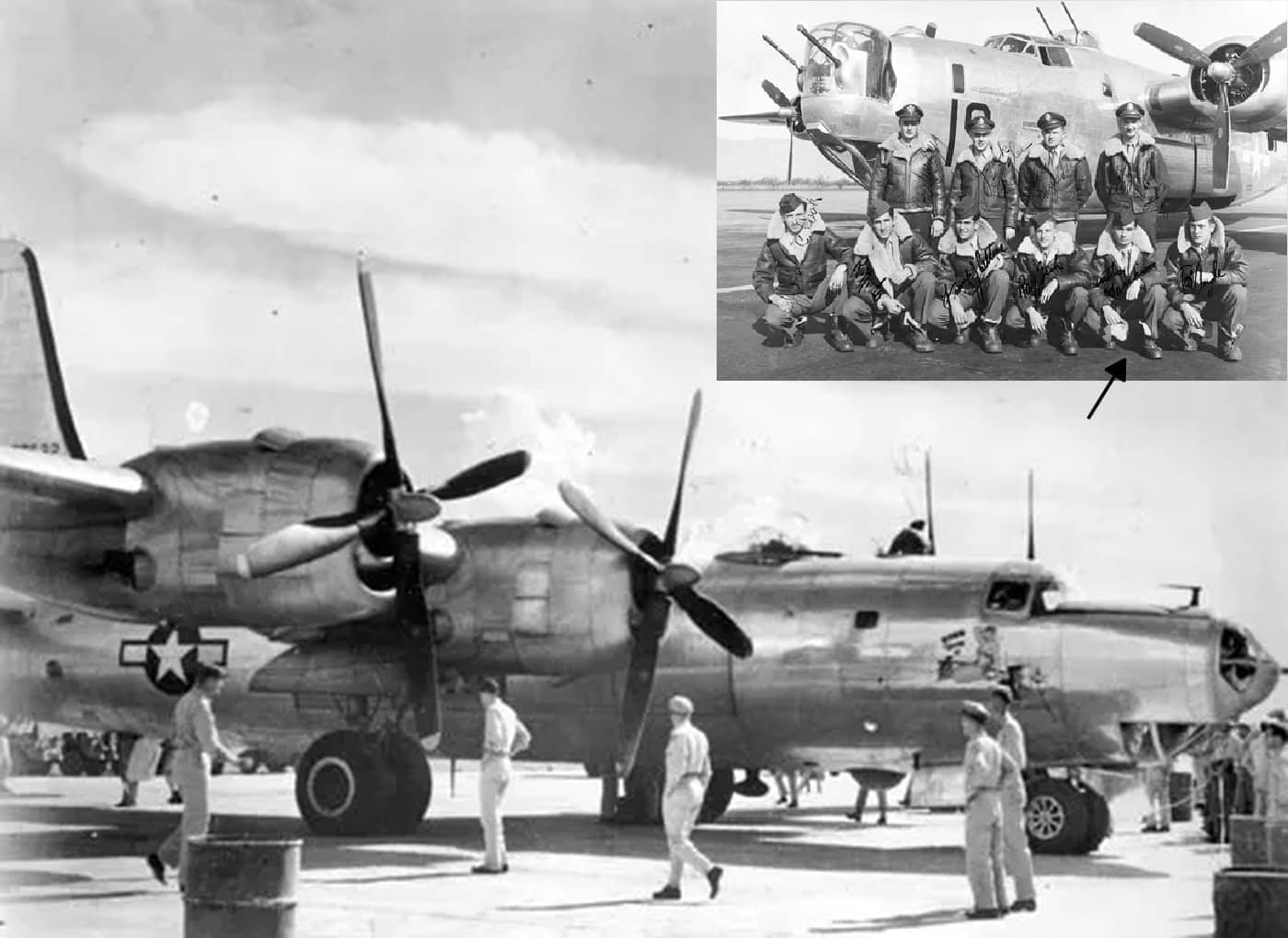 1945年8月18日,执行东京上空侦察任务的B-32编队遭日军战斗机拦截,「霍波女王二世」(Hobo Queen II,主图照片)号被击伤,尾炮手安东尼·马尔基奥内(图片右上角照片中箭头指向处的前排右数第二个,该照片是其在上一个B-24「解放者」机组服役时的合影)中弹牺牲,成为二战中美国在空战中阵亡的最后一名军人。
