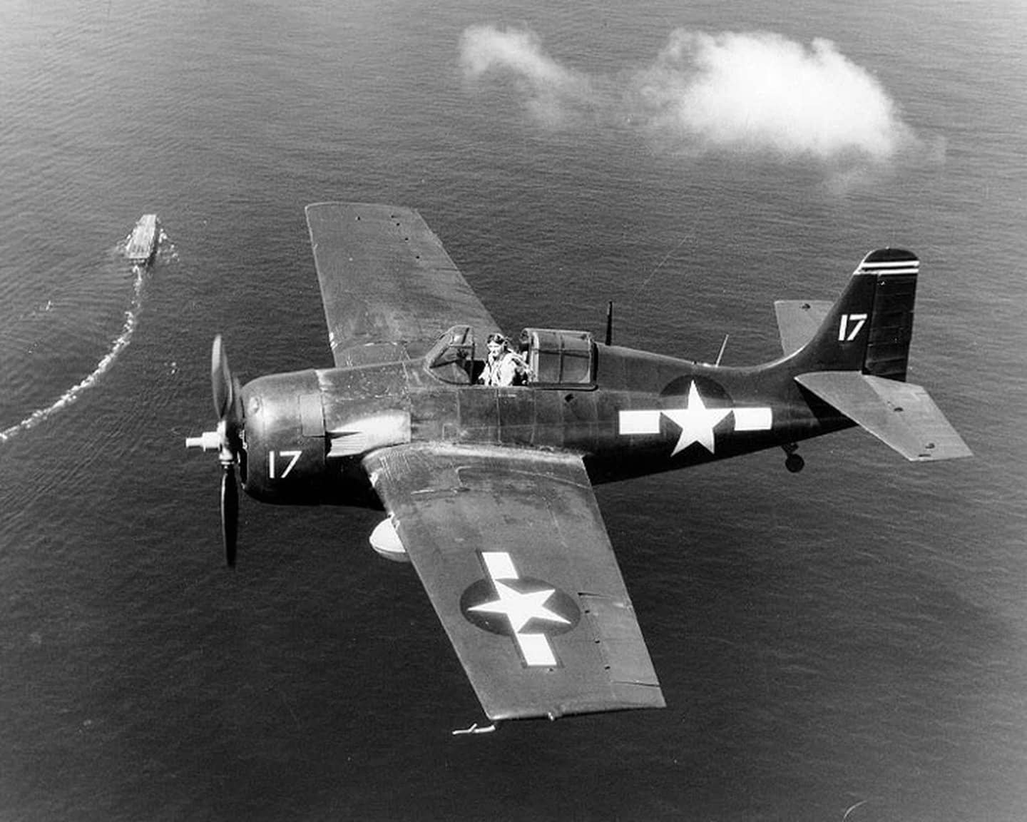 1944年10月,一架飞行中的通用汽车FM-2「野猫」战斗机与「桑蒂」号护航航空母舰(CVE-29)的同框照片。