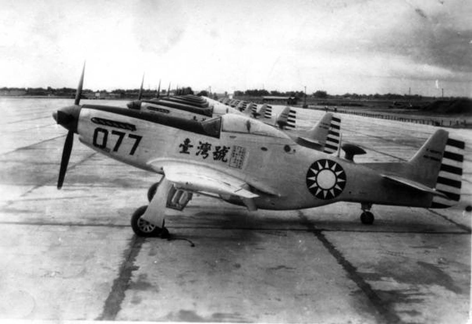 中华民国空军装备的「台湾」号P-51战斗机机队。这是1953年中国台湾省各界举办「一元献机」活动筹款购买捐献的12架P-51「野马」战斗机。