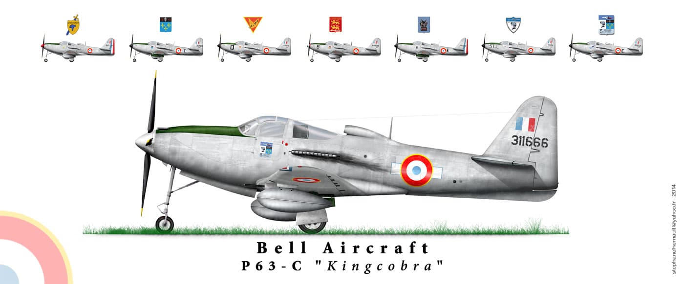 绘图:二战期间,法国空军装备的P-63C「眼镜王蛇」战斗机涂装。