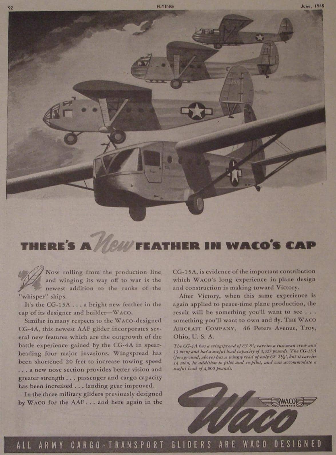 1945年6月出版的《飞行》（Flying）杂志中关于瓦科 CG-15A 滑翔机的广告。