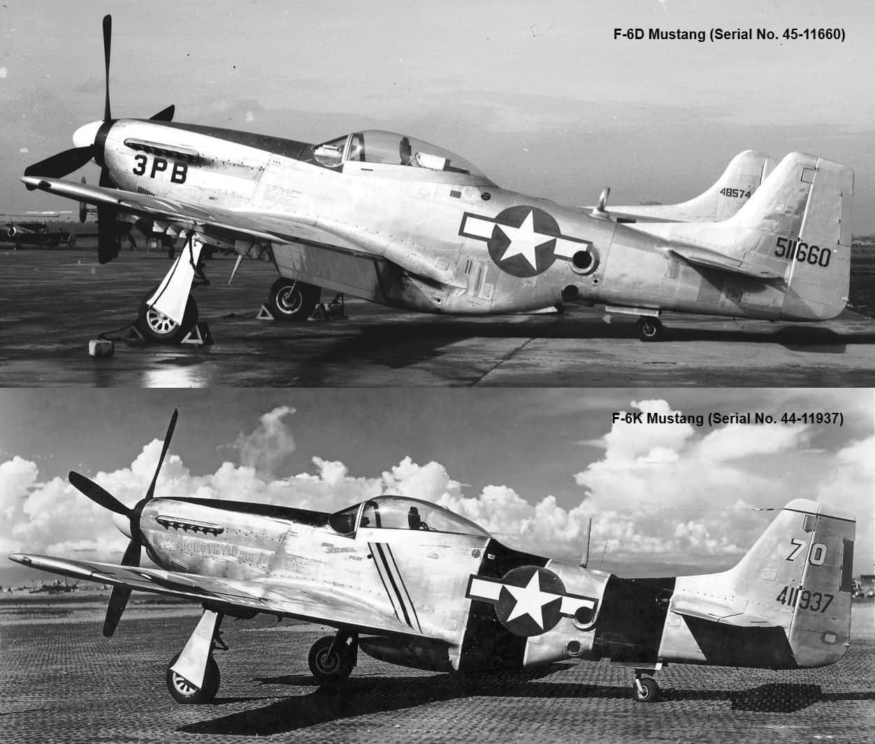 F-6D(由P-51D改装)与F-6K(由P-51K改装)「野马」照相侦察机的对比图。注:P-51K与P-51D非常相似,但P-51K产自北美航空位于德克萨斯州达拉斯的工厂,且最初配备了不同型号的螺旋桨。