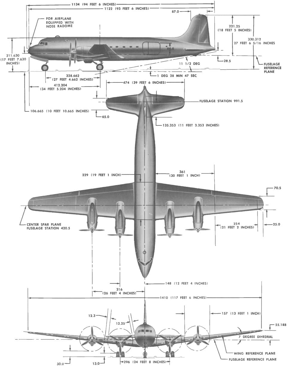 道格拉斯 C-54D「空中霸王」运输机三视图。
