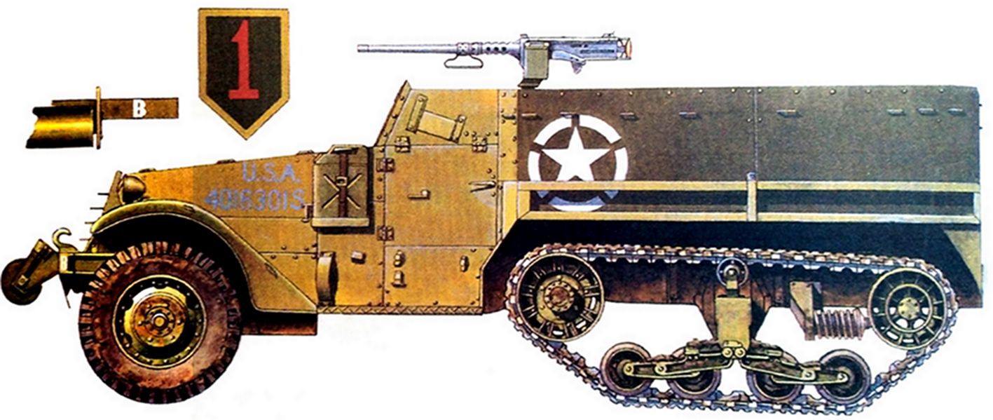 1943年8月,「西西里岛登陆战役」期间,美军一步兵师的一辆M3半履带装甲车,该车装备了一挺12.7毫米口径的前置机枪。