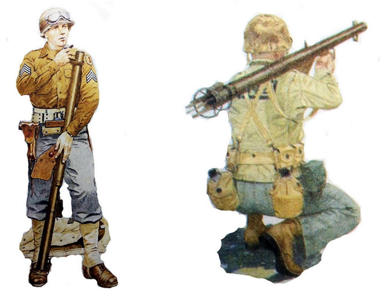 （图左）美军第1步兵师一名手持M1A1型火箭发射筒的军士。（图右）1945年，「硫磺岛战役」期间，太平洋战场硫磺岛，手持M1A1型火箭发射筒作战的一名美国海军陆战队火箭筒发射手。