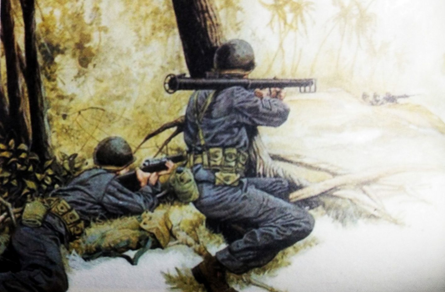 绘图：1944年，「塞班岛战役」期间，太平洋战场塞班岛，手持M1A1型「巴祖卡」火箭发射筒与日军作战的美国海军陆战队士兵。