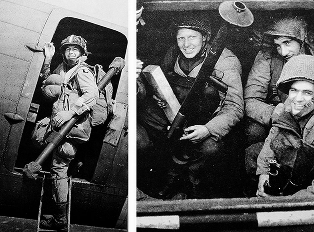 1944年6月，「诺曼底登陆」期间，西线战场法国诺曼底地区，M1A1型「巴祖卡」火箭发射筒已大量列装美军，美军主力步兵师平均装备数量达557具。（图左）美国陆军第101空降师的一名装备M1A1型「巴祖卡」火箭发射筒的士兵在登上C-47运输机时的照片。当日，数千名盟军士兵将会空降至法国诺曼底地区。（图右）准备登陆法国犹它海滩的美军士兵，其中一名士兵手持M1A1型「巴祖卡」火箭发射筒。