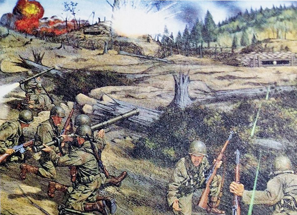 绘图：1944年12月，「阿登反击战」期间，西线战场阿登地区，美军用多具M1A1型「巴祖卡」火箭发射筒与德军作战。图中一名美军正在给「巴祖卡」火箭发射筒装填火箭弹，这种火箭弹是一种带尾翼的破甲火箭弹，尽管其有效射程超过100米，但实际作战中，为了提高射击准确率，其射击距离一般都在50米以下。