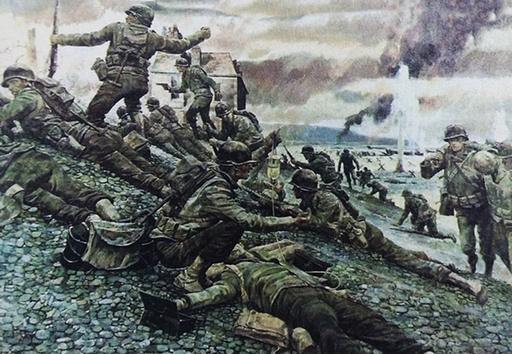 绘图:1944年6月,「诺曼底登陆」期间,西线法国战场诺曼底地区,美军第1步兵师在奥马尔海滩登陆时的激战场景。图中一名士兵正在向防御的德军投掷MK2手榴弹。