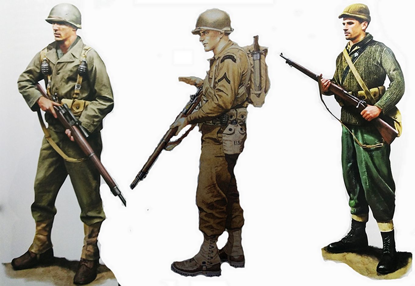 （图左）1945年，美军第103步兵团一名手持M1903A4「斯普林菲尔德」步枪的狙击手。（图中）二战美军第3游骑兵营一名手持M1903「斯普林菲尔德」步枪的士兵。（图右）1944年，美军第2师一名手持M1903「斯普林菲尔德」步枪的士兵。