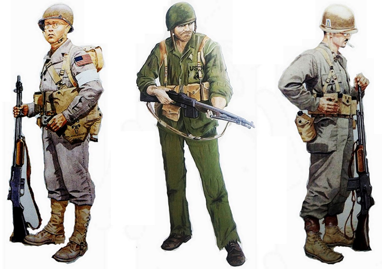 （图左）1942年，美军第9步兵师一名手持M1918A2「勃朗宁」自动步枪的士兵。（图中）1944-1945年间，太平洋战场上一名手持M1918A2「勃朗宁」自动步枪作战斗状的美国海军陆战队士兵。（图右）1945年，美军第77步兵师一名手持M1918A2「勃朗宁」自动步枪的士兵。