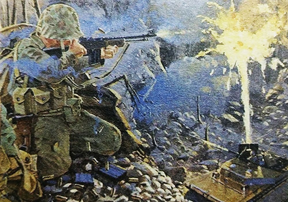 绘图：1944年，「佩莱利乌岛战役」期间，太平洋战场，一名美国海军陆战队士兵用M1918A2「勃朗宁」自动步枪向日军猛烈射击。