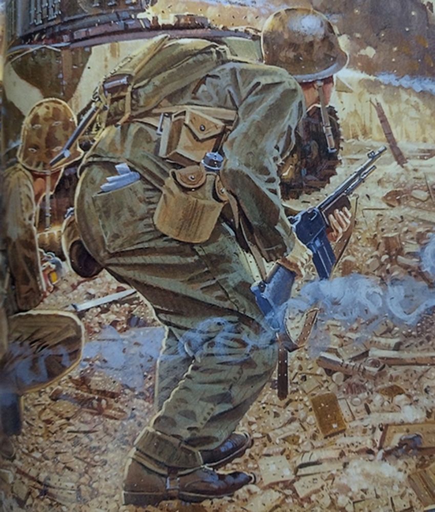 绘图：1944年，「马绍尔群岛战役」期间，太平洋战场，一名手持M1918A2「勃朗宁」自动步枪的美国海军陆战队士兵在坦克掩护下向日军阵地前进。