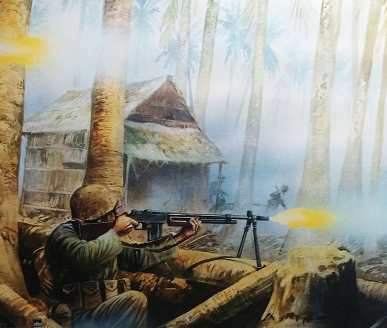 绘图：二战太平洋战场，一名美军士兵将M1918A2「勃朗宁」自动步枪的两脚架支在树干上向日军猛烈射击。由于该枪连射时后座力大，全自动射击时较难控制，工事作战时会用上两脚支架，火力不亚于轻机枪。