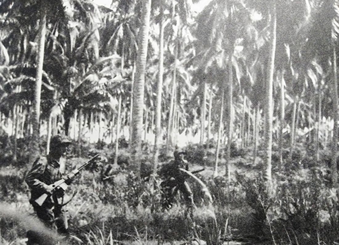 1945年，太平洋战场，一支美国海军陆战队战斗小队正在棕榈树种植园里搜索日军，左前方一名士兵手持M1918A2「勃朗宁」自动步枪。为便于丛林行进，该枪已拆除两脚支架，一旦发现日军，枪手可立即开枪采用连射火力实施压制。