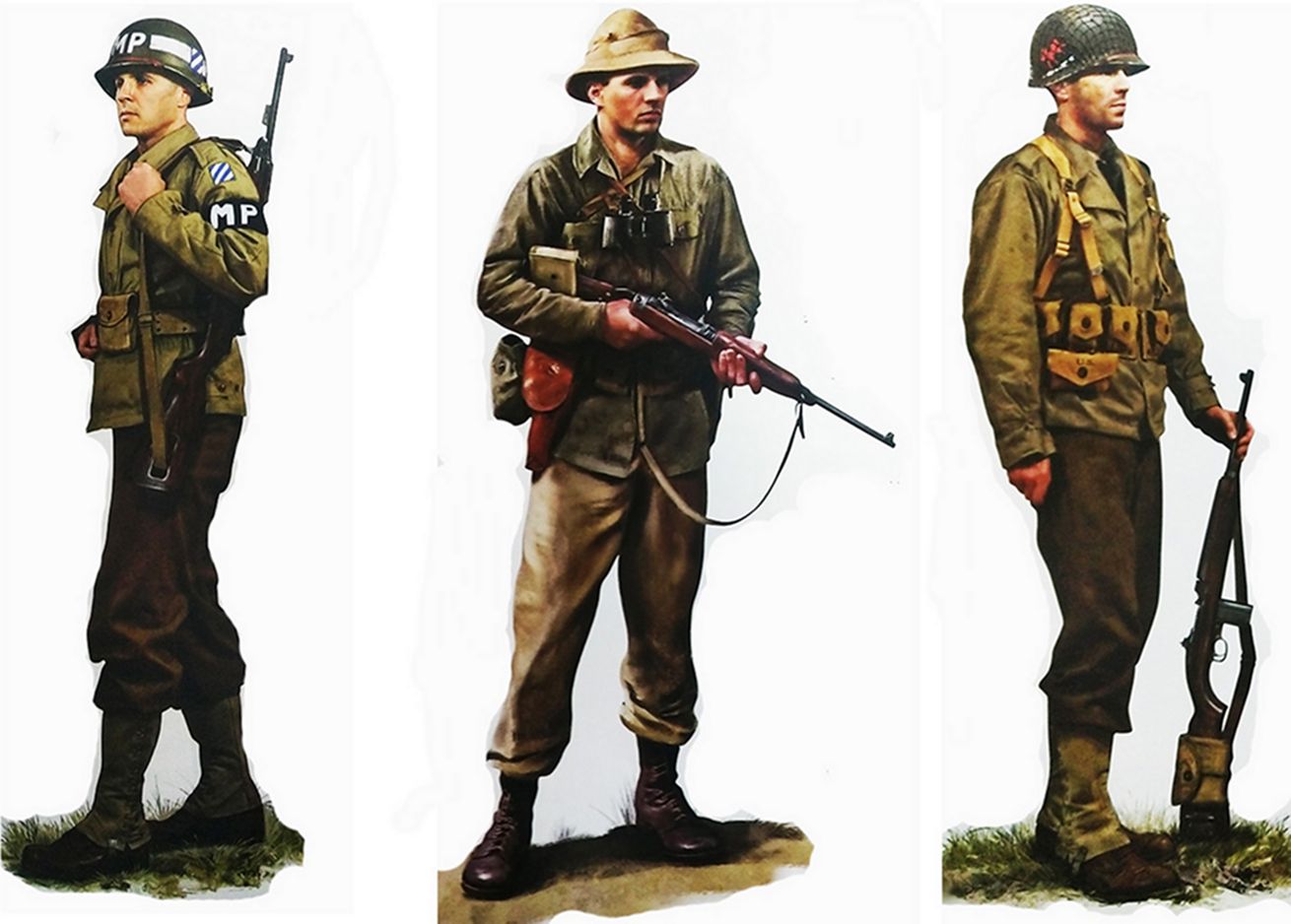 （图左）1944年西线欧洲战场，美军第3步兵师一名身背M1卡宾枪的宪兵。（图中）1944年太平洋战场，美军第19步兵团一名手持M1卡宾枪的列兵。（图右）1944年西线欧洲战场，美军第113骑兵大队一名手持M1卡宾枪的士兵。