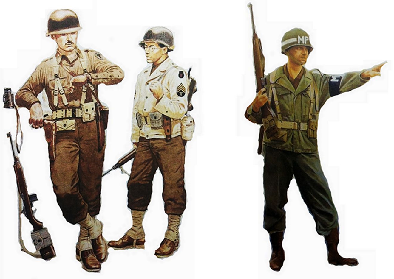 （图左）1943/1944年间，欧洲西线战场，美军第36步兵师第1野战炮兵中队一名配备M1卡宾枪的中尉。（图中）1943/1944年间，欧洲西线战场，美军第100营一名手持M1卡宾枪的四级技术军士。（图右）1945年，西线德国战场，美军第3兵团一名手持M1卡宾枪的宪兵。