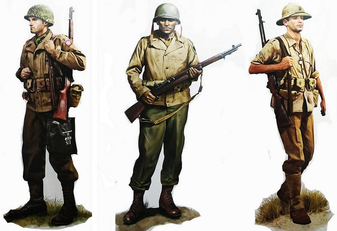 （图左）1944年，美军第82空降师325滑翔机步兵团一名身背M1「加兰德」半自动步枪的列兵。（图中）1943年，美军第120野战炮兵营一名手持M1「加兰德」半自动步枪的少尉。（图右）1941年，美国海军陆战队第4团一名身背M1「加兰德」半自动步枪的士兵。