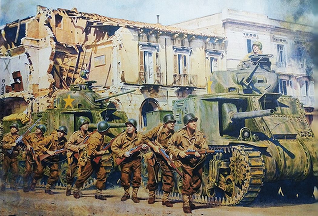 绘图：1944年9月，西线战场比利时，美军第60步兵团的一队士兵在谢尔曼坦克掩护下向前推进，前面7名士兵手持的步枪都是M1「加兰德」半自动步枪。