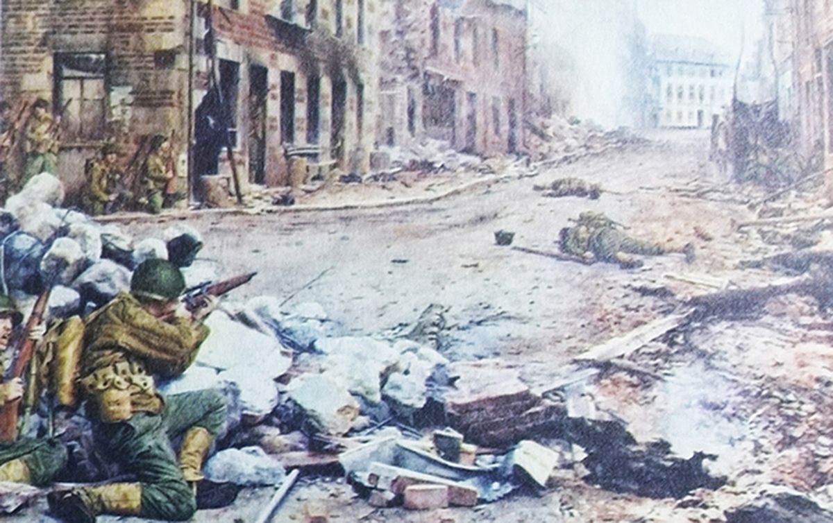 绘图：1945年春，「鲁尔河战役」期间，西线战场，美军正在向德国西部鲁尔区进攻，图中一名手持M1C「加兰德」半自动狙击步枪的美军士兵正在一处城市街垒上向目标射击。