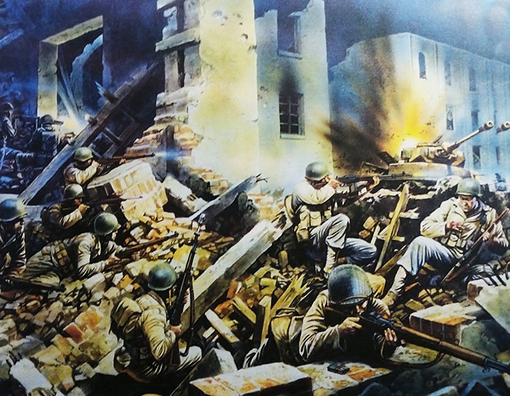 绘图：1944年春，「安齐奥战役」期间，西线意大利战场安齐奥地区，正在城市废墟中与德军激战的美军，图中右前方作瞄准射击状的美军士兵手持的是M1「加兰德」半自动步枪。