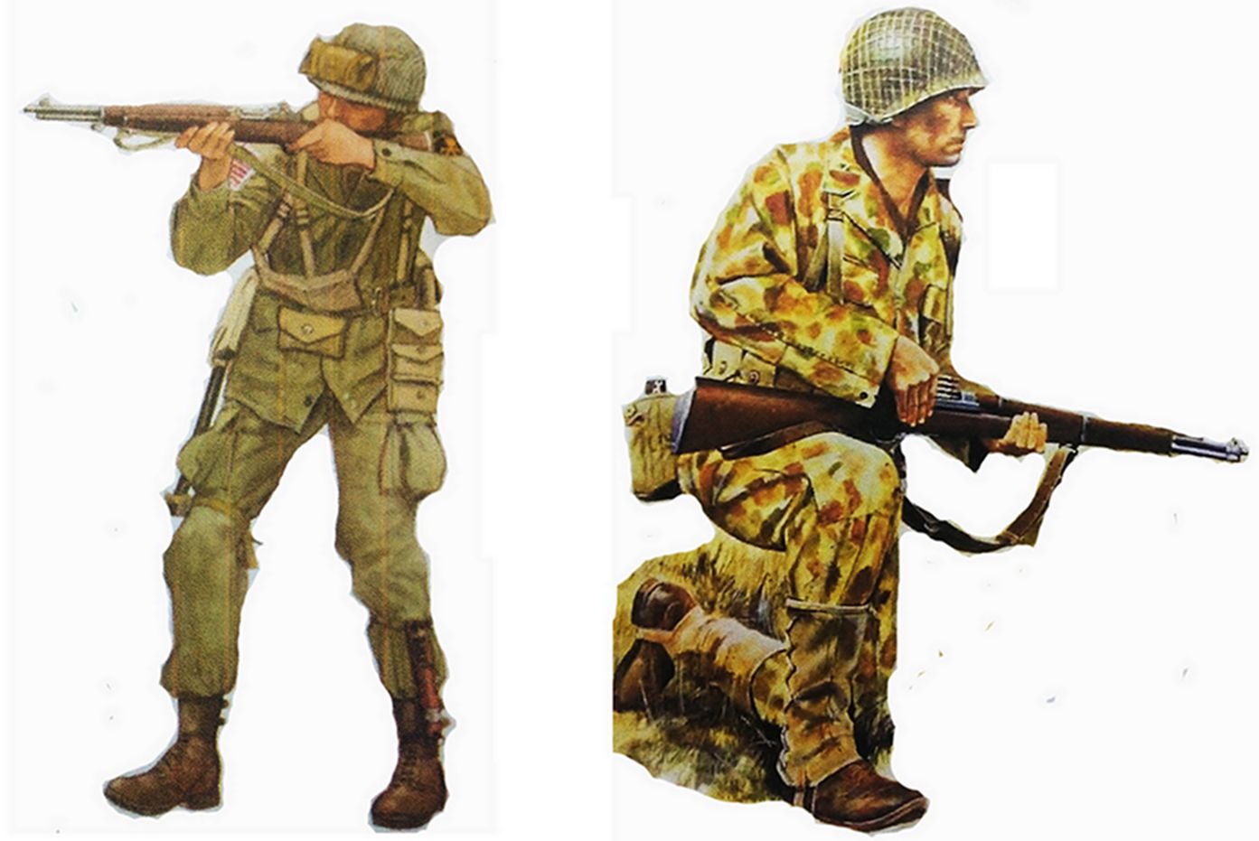 （图左）1943年，美军第17空降师一名士兵持M1「加兰德」半自动步枪作瞄准射击状。（图右）1944年，「诺曼底登陆」期间，法国诺曼底地区，一名手持M1「加兰德」半自动步枪准备投入战斗的美军士兵。