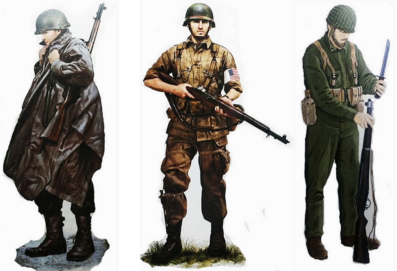 （图左）1944年，美军第66师第263步兵团一名身穿雨衣背着M1「加兰德」半自动步枪的列兵。（图中）1944年，美军第517伞降步兵团第1伞降特遣队一名手持M1「加兰德」半自动步枪的伞兵。（图右）「瓜岛战役」期间，一名美军士兵正在为M1「加兰德」半自动步枪装上刺刀。