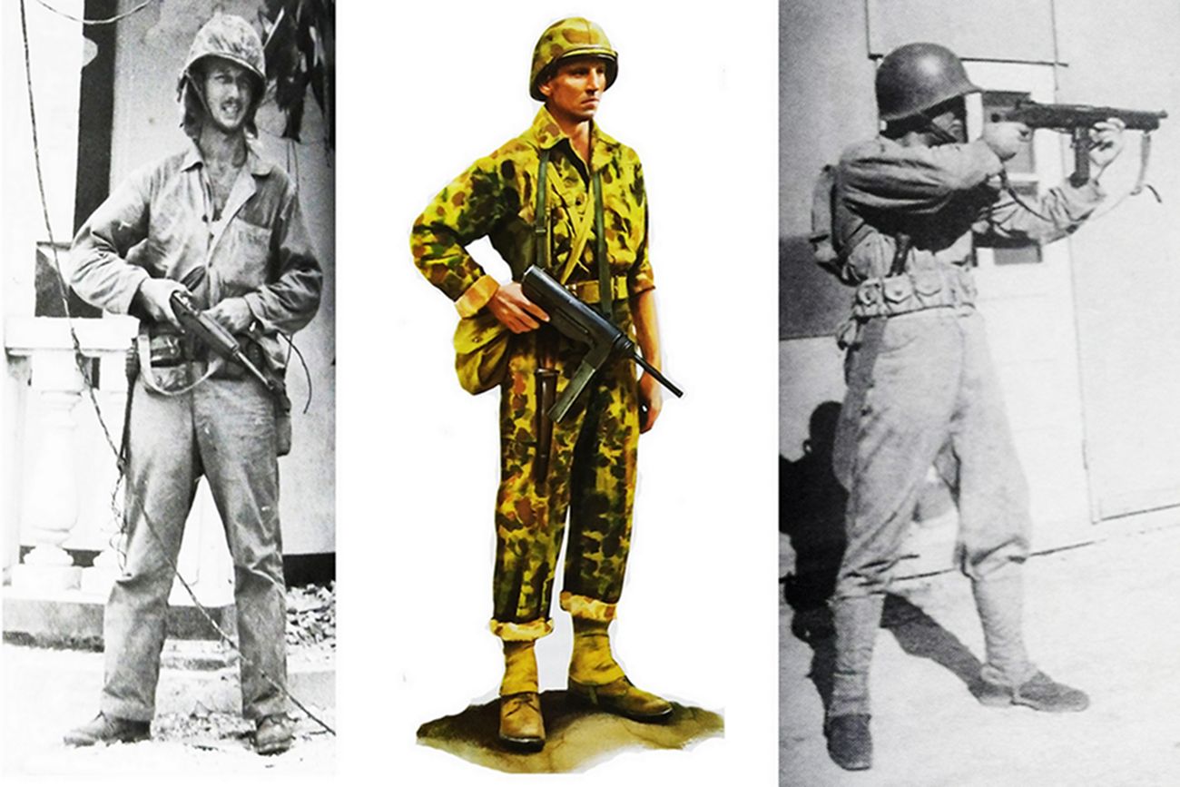 （图左）1945年，太平洋战场，一名手持赖辛冲锋枪的美国海军陆战队士兵。（图中）1944年，欧洲西线战场，美国第41步兵团一名手持M3冲锋枪的列兵。（图右）二战期间，一名手持赖辛冲锋枪作射击状的美国海军陆战队士兵。