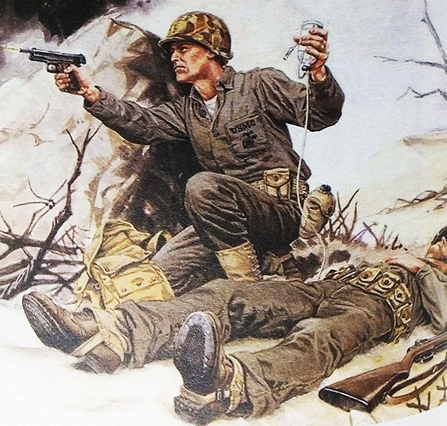 绘图:1945年5月,「冲绳岛战役」期间,太平洋战场,美军一名医疗兵在战斗中救护伤员时用M1911半自动手枪打退反扑的日军,成为被歌颂的英雄。