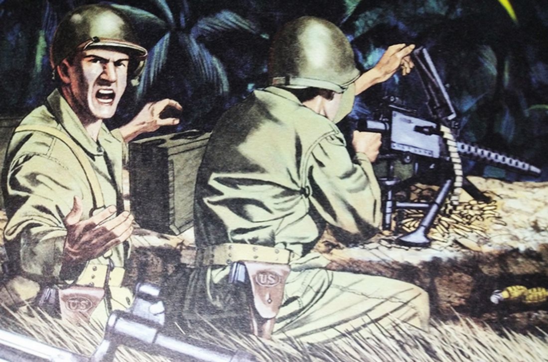 绘图:1942年9月,「瓜岛战役」期间,太平洋战场,美军一挺重机枪在向日军猛烈射击,机枪组的士兵腰间都配备着自卫用的M1911半自动手枪。