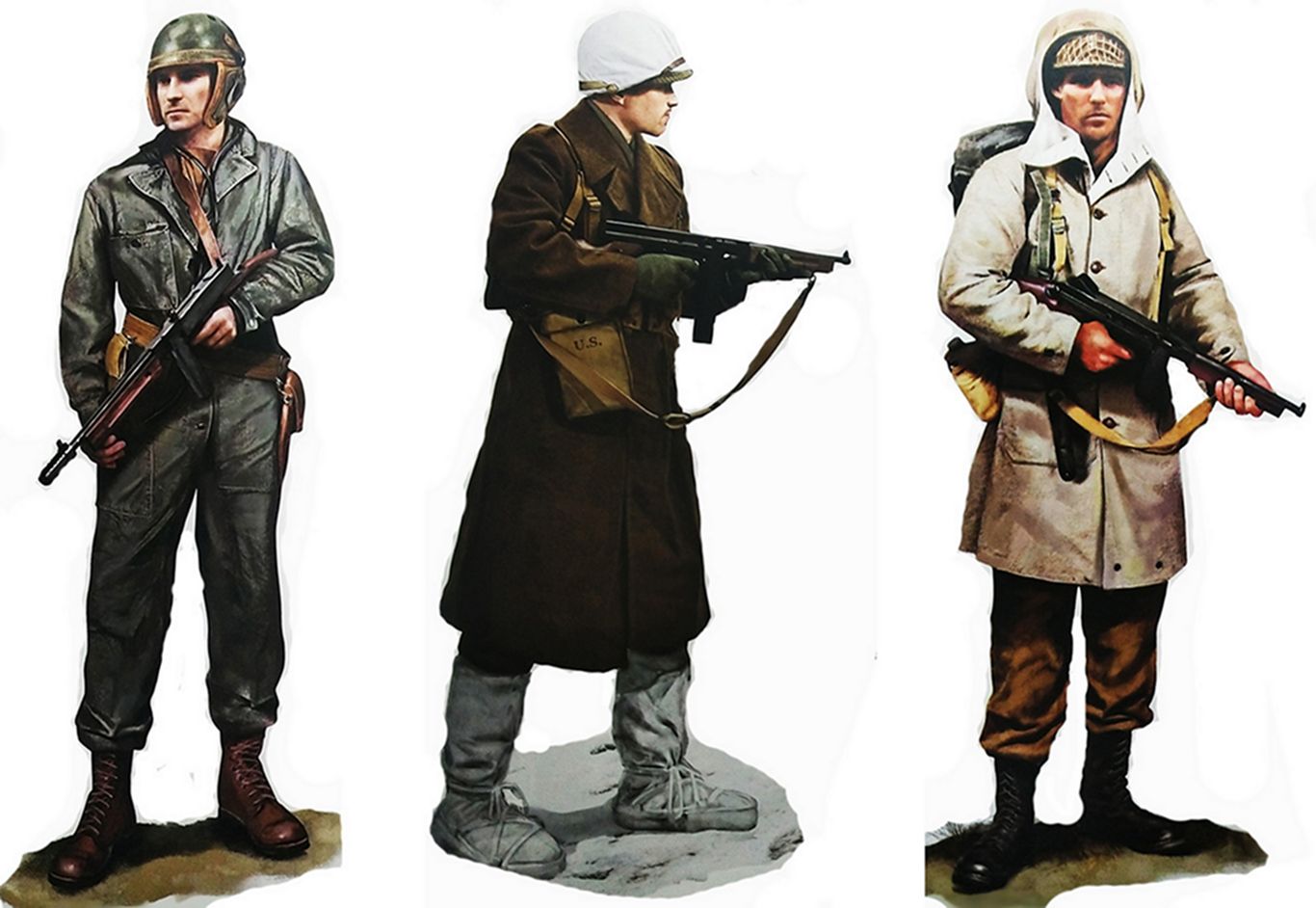 (图左)1944年,美军第18坦克营一名手持M1A1汤普森冲锋枪的列兵。(图中)1944年,美军第423步兵团一名手持M1A1汤普森冲锋枪的列兵。(图右)1945年,美军第80师第317步兵团一名手持M1A1汤普森冲锋枪的列兵。