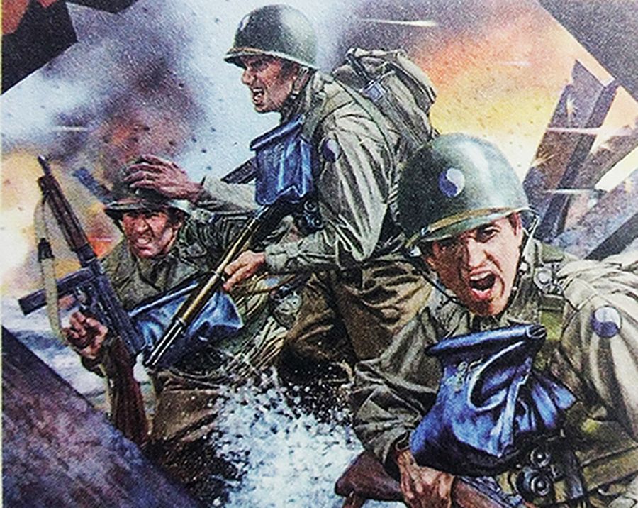 绘图:1944年夏天,「诺曼底登陆」期间,西线法国战场,美军在滩头苦战的场面。图中左侧一名士兵手持M1A1汤普森冲锋枪。
