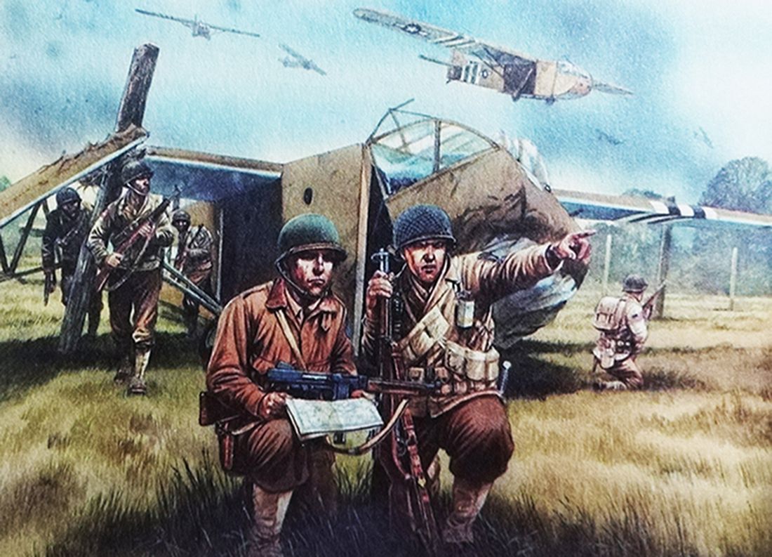 绘图:1944年9月,「市场花园行动」期间,西线战场,美军空降师士兵乘坐滑翔机在荷兰登陆时的场景。图中手拿地图的军官配备M1A1汤普森冲锋枪。