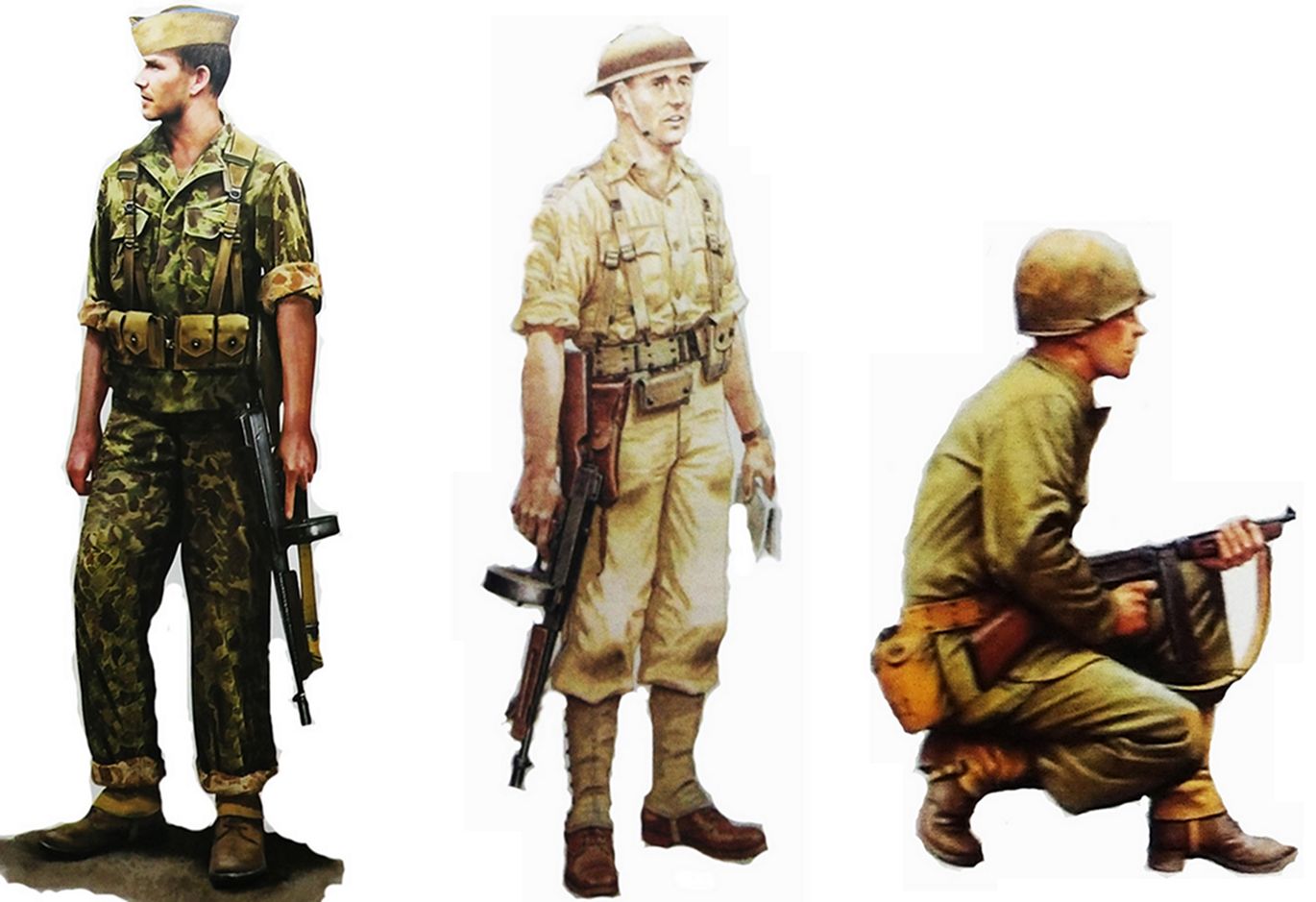 (图左)1943年,美军第27师第105步兵团一名手持M1928汤普森冲锋枪的列兵。(图中)二战早期,美军一名手持M1928汤普森冲锋枪的士兵。(图右)二战晚期,美军一名手持M1汤普森冲锋枪的士兵。