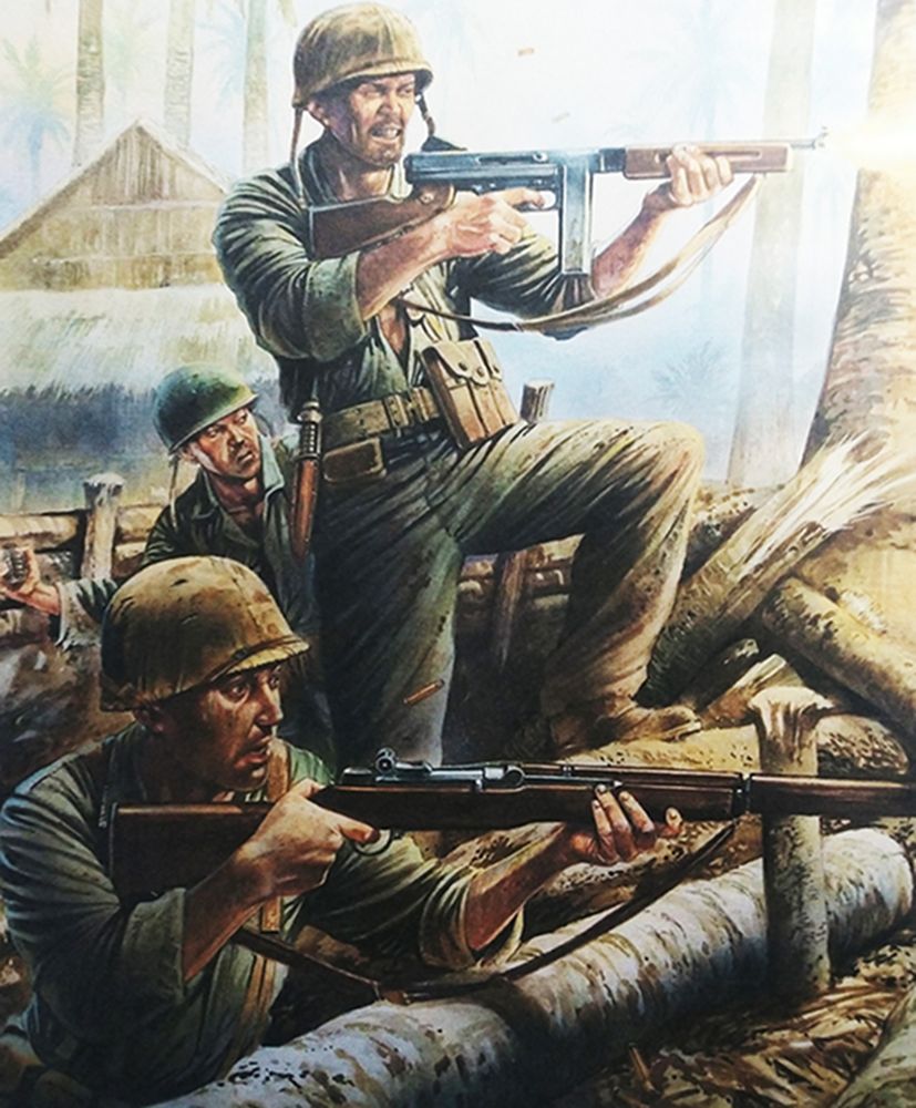 绘图:二战太平洋战场上,一名美国海军陆战队士兵身体站立着用M1汤普森冲锋枪向日军扫射。