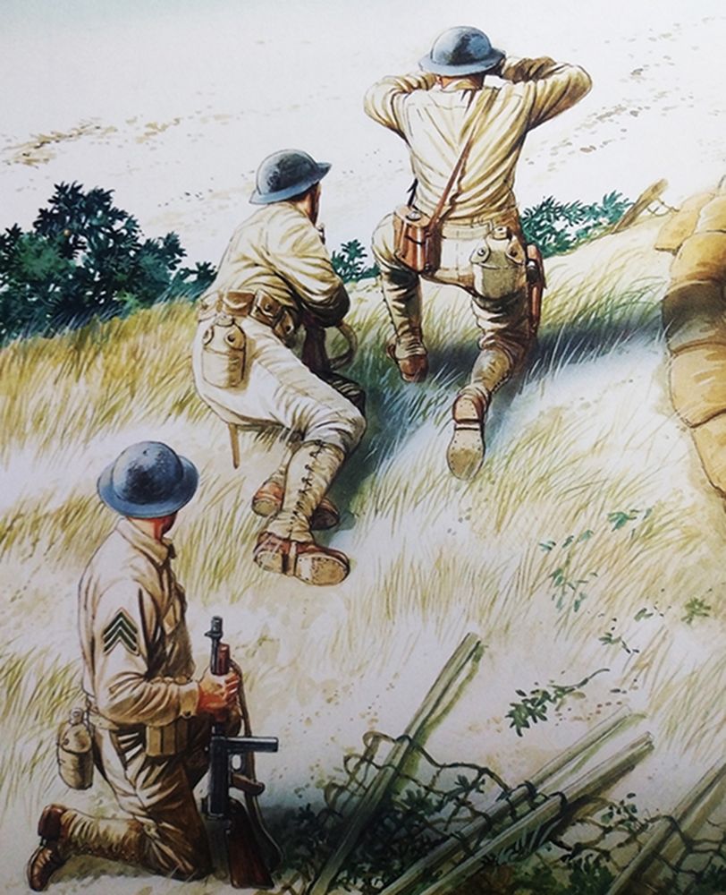 绘图:1941年,「威克岛战役」期间,太平洋战场,守卫威克岛炮台的美军正在观察进攻的日军动向,后方那名单膝跪地的士兵拿着M1汤普森冲锋枪作好了战斗准备。