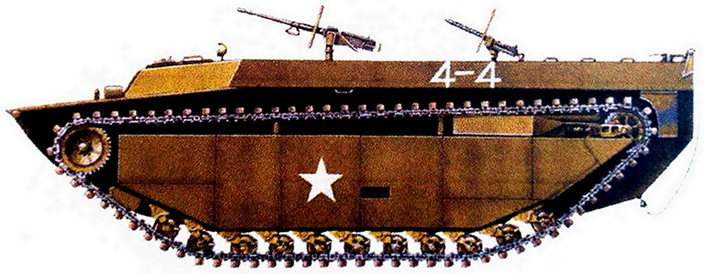 1944年9月，太平洋战场，美军（不明单位）的一辆LVT4两栖装甲车，该车车体后侧部加装了7.62毫米口径的机枪。