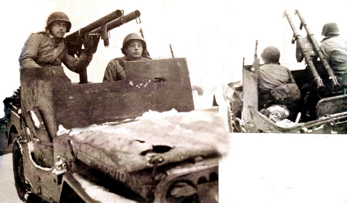 1945年1月,「阿登反击战」期间,美军第9步兵师第60步兵侦察分队在加装了防护装甲的威利吉普车上安装了双发火箭发射器,以加强作战火力。