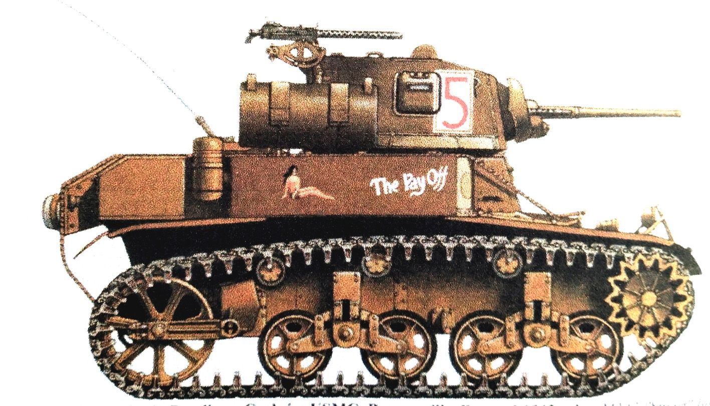 1943年11月,巴布亚新几内亚,美国海军陆战队第3坦克营的M3A1轻型坦克。