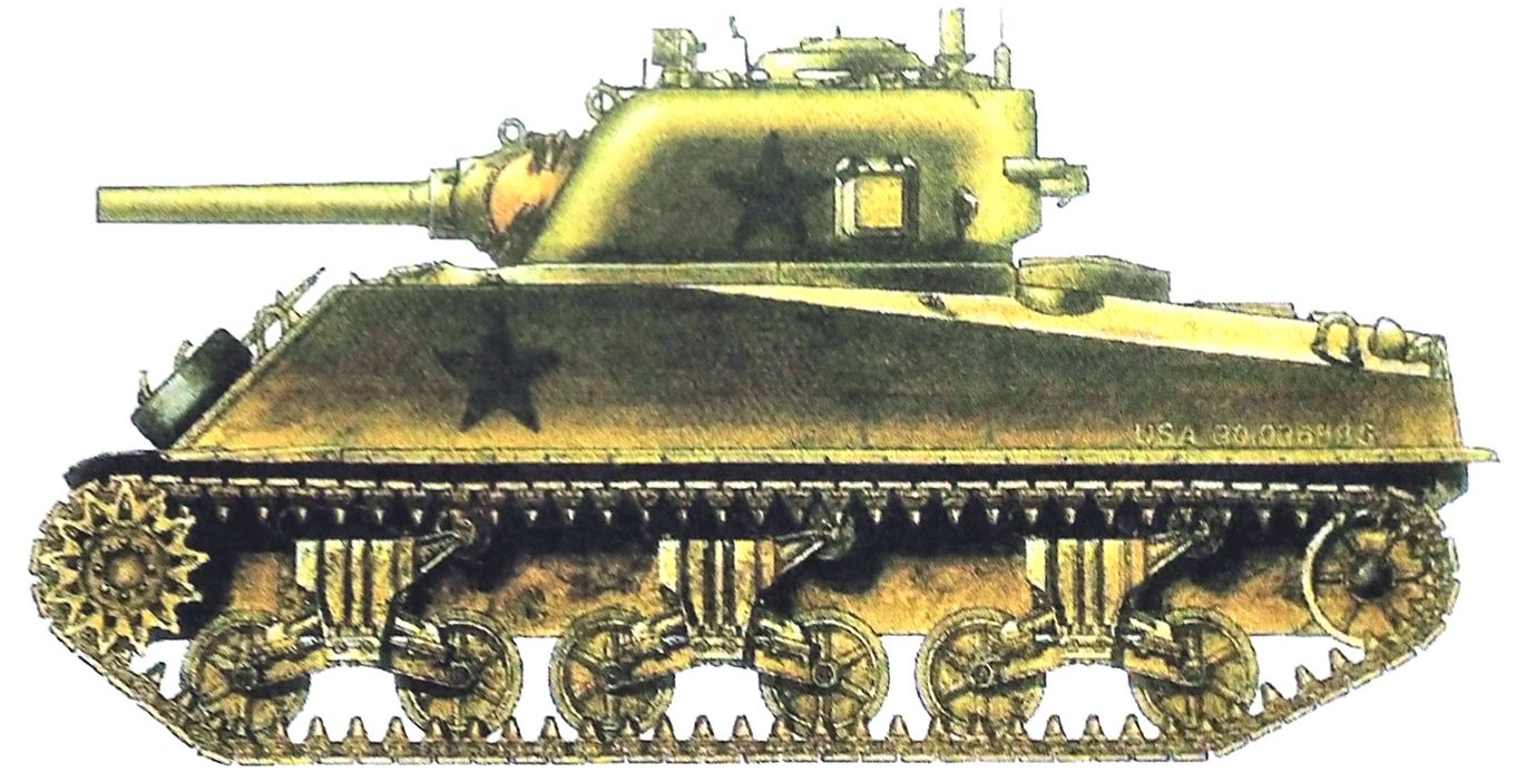 1944年7月,法国诺曼第地区,美军第4装甲师第8坦克营的M4(105)中型坦克。该型坦克改装了105毫米M4榴弹炮,1944年2月起入役。