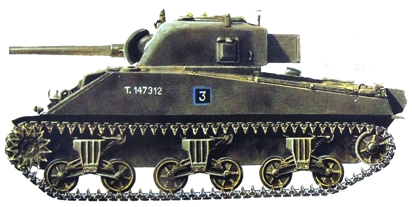 1944年,英军第2爱尔兰装甲护卫队的一辆M4A4「谢尔曼Ⅴ」中型坦克。该型坦克车身相比同系列其它型号更长,特别之处是坦克炮塔后部带有一个储物箱。