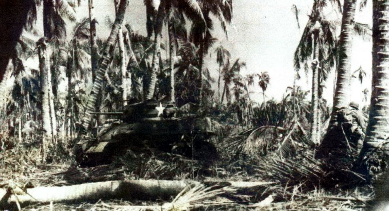 1944年10月20日,「菲律宾战役」期间,支援美军第1骑兵师在菲律宾Leyte岛上作战的美国陆军第44坦克营的一辆M5A1轻型坦克正在穿越丛林。